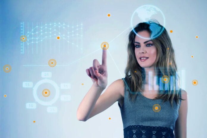 a business woman using IoT technology in a business