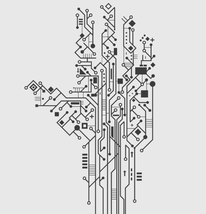 Computer circuit board in hand shape creative technology poster vector illustration